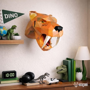 Sabertooth tiger papercraft PDF, DIY animal head wall trophy, low poly 3D printable template