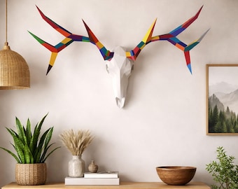 Deer skull papercraft PDF, DIY animal head wall trophy, low poly 3D printable template
