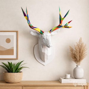 Deer papercraft PDF, DIY animal head wall trophy, low poly 3D printable template