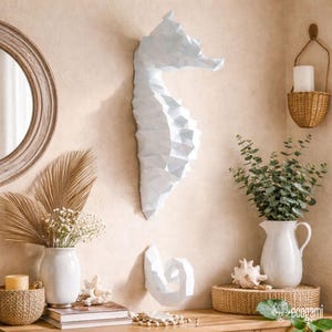 Seahorse papercraft PDF, DIY marine wall decor, low poly 3D printable fish template