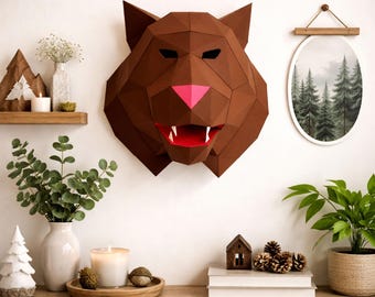 Lynx papercraft PDF, DIY animal head wall trophy, low poly 3D printable template