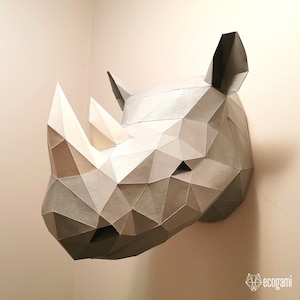 Cabeza de rinoceronte escultura papercraft, rompecabezas 3D imprimible, plantilla PDF papercraft para hacer tu decoración de pared africana