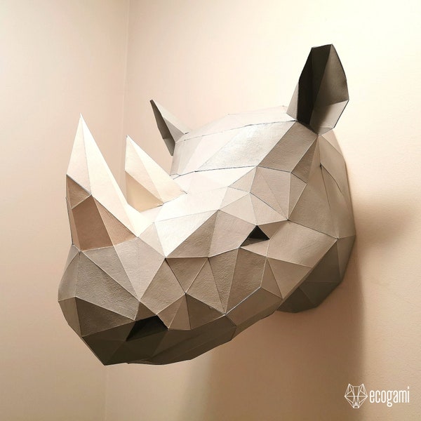 Tête de rhinocéros sculpture papercraft, puzzle 3D imprimable, patron PDF papercraft pour faire ta décoration murale africaine