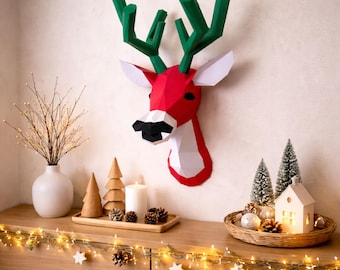 Reindeer papercraft PDF, DIY animal head wall trophy, low poly 3D printable Christmas template