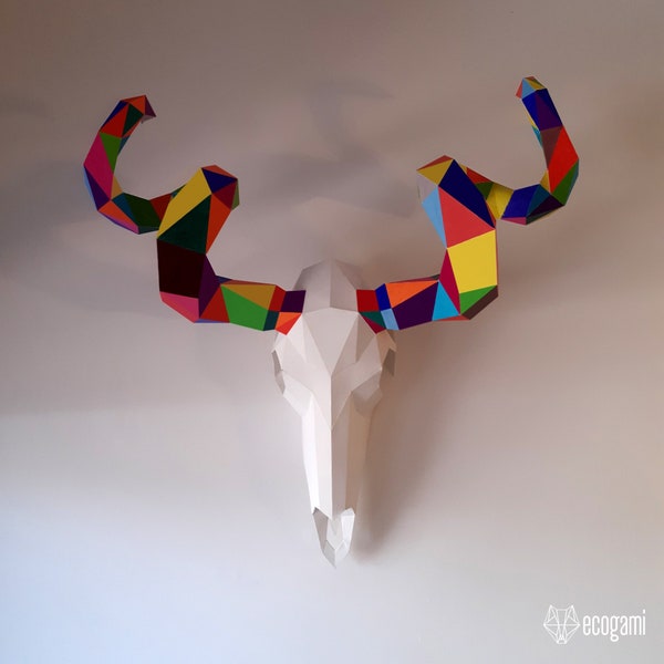 Antelope skull papercraft trophy, printable 3D sculpture, papercraft Pdf template to make your faux antelope wall art