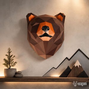 Bear papercraft-pdf, doe-het-zelf-muurtrofee dierenkop, 3D-afdrukbare sjabloon laag poly