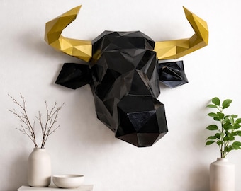 Bull papercraft PDF, DIY animal head wall trophy, low poly 3D printable Template