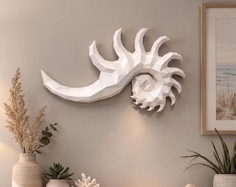 Tropical Shell papercraft PDF, DIY marine wall decor, low poly 3D printable template