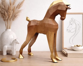 Horse papercraft PDF, DIY 3D paper sculpture, low poly printable farm animal template