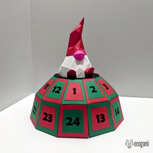 DIY gnome advent calendar papercraft sculpture, printable 3D puzzle, papercraft Pdf template to make your pre-Christmas calendar