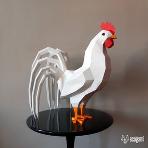 Scultura di papercraft con gallo, puzzle 3D stampabile, modello PDF di papercraft per realizzare la decorazione della tua cucina con il gallo