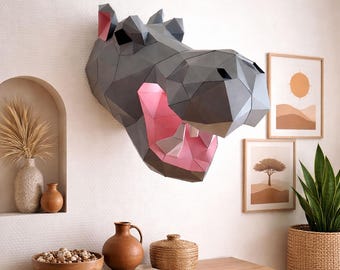 Hippo papercraft PDF, DIY animal head wall trophy, low poly 3D printable template