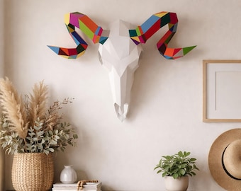 Ram skull papercraft PDF, DIY animal head wall trophy, low poly 3D printable template