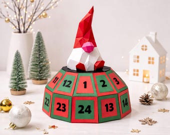 Christmas Gnome Advent Calendar Papercraft PDF, DIY 3D paper sculpture, low poly printable template