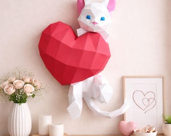 Papierowa figurka kotka w formacie PDF, dekoracja ścienna DIY dla miłośnika zwierząt, szablon rzeźby 3D do druku w technologii low poly