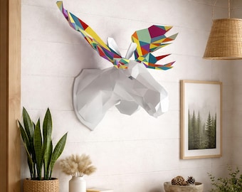 Moose Papercraft PDF, DIY Tierkopf Wandtrophäe, niedrige Poly 3D druckbare Vorlage