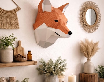 Fox papercraft PDF, DIY animal head wall trophy, low poly 3D printable template