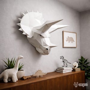 Tête de Triceratops papercraft PDF, sculpture murale dinosaure DIY, trophée 3D papier à imprimer, décoration murale low poly