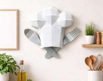 Chef Hat papercraft PDF, DIY kitchen wall decor, low poly 3D printable template