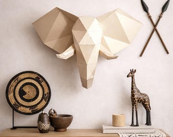 Papierowy model słonia w formacie PDF, trofeum ścienne w kształcie głowy zwierzęcia DIY, szablon do druku 3D w technologii low poly