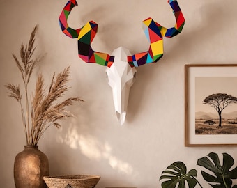 Antelope skull papercraft PDF, DIY animal head wall trophy, low poly 3D printable template