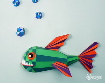 Poisson en papier, puzzle 3D imprimable, patron Pdf papercraft pour faire ta décoration murale marine
