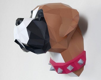 Boxer sculpture papercraft, puzzle 3D imprimable, patron Pdf papercraft pour faire ta décoration murale de chien boxer