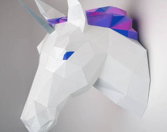 Licorne sculpture papercraft, puzzle 3D imprimable, patron Pdf papercraft pour faire ta licorne décoration murale