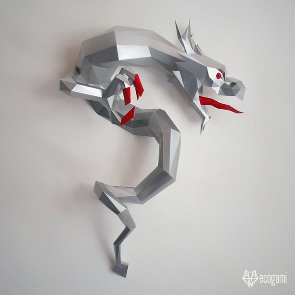 Dragon chinois sculpture papercraft, puzzle 3D imprimable, patron Pdf papercraft pour faire ton dragon décoration murale