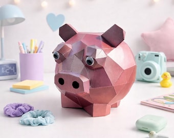 Piggy Bank papercraft PDF, DIY 3D paper money box, low poly printable template