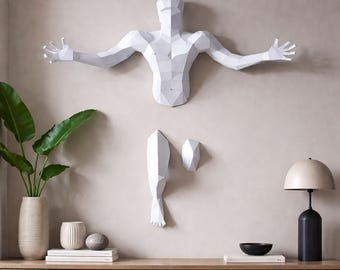 Hugging man papercraft PDF, DIY human wall art, low poly 3D printable template