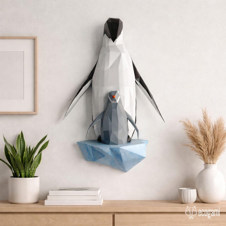 Penguin papercraft PDF, DIY bird wall decor, low poly 3D printable sculpture template image 1