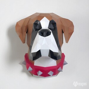 Boxer papperspyssel PDF, gör-det-själv djurhuvud väggtrofé, låg poly 3D utskrivbar hundmall bild 3