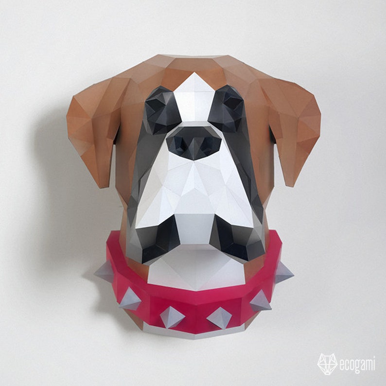 Boxer papperspyssel PDF, gör-det-själv djurhuvud väggtrofé, låg poly 3D utskrivbar hundmall bild 3
