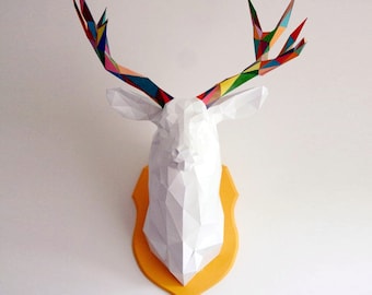 Deer trophy papercraft sculpture, printable 3D puzzle, papercraft Pdf template to make your deer wall decor