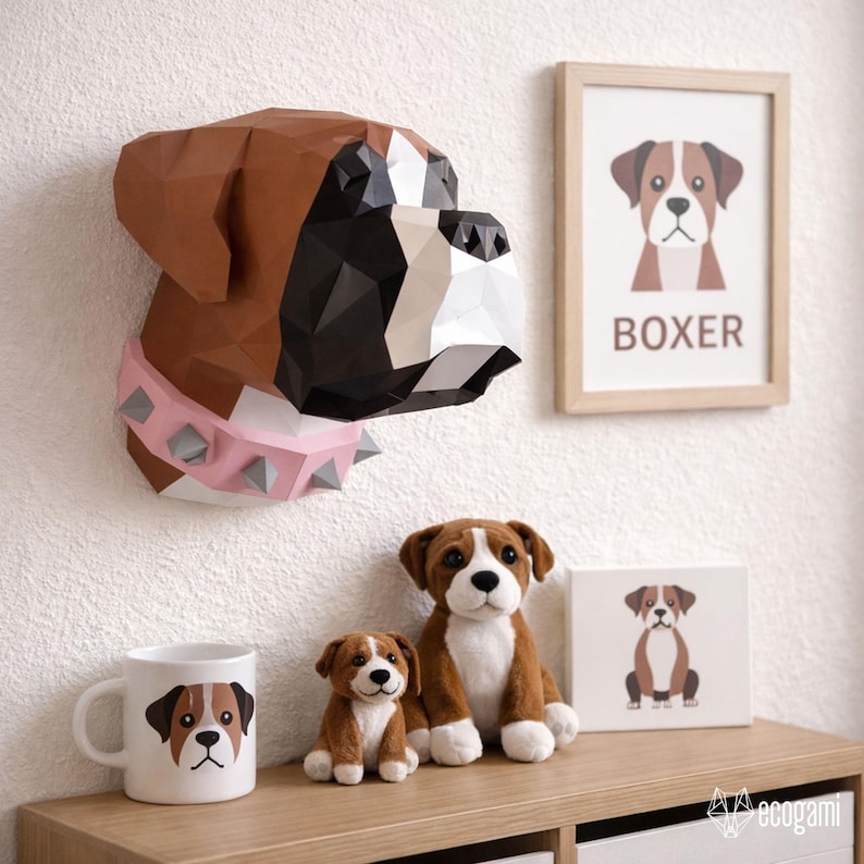 Boxer papperspyssel PDF, gör-det-själv djurhuvud väggtrofé, låg poly 3D utskrivbar hundmall bild 1