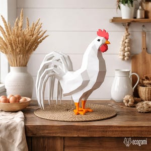 Modello di gallo in carta in PDF, scultura di pollo 3D fai da te, decorazione con animali da fattoria, kit di papercraft stampabile