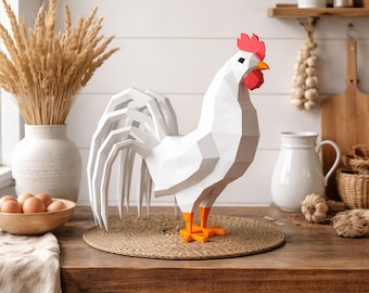 Rooster papercraft PDF, DIY 3D paper sculpture, low poly printable farm animal template
