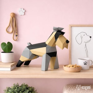 Schnauzer papercraft PDF, escultura schnauzer papel 3D DIY, figura perro low poly decoración