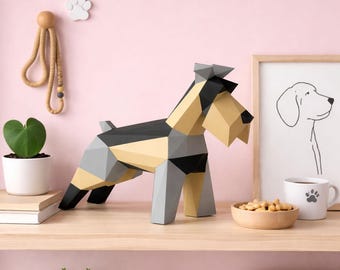 Schnauzer papperspyssel PDF, gör-det-själv 3D-pappersskulptur, låg poly utskrivbar hundmall