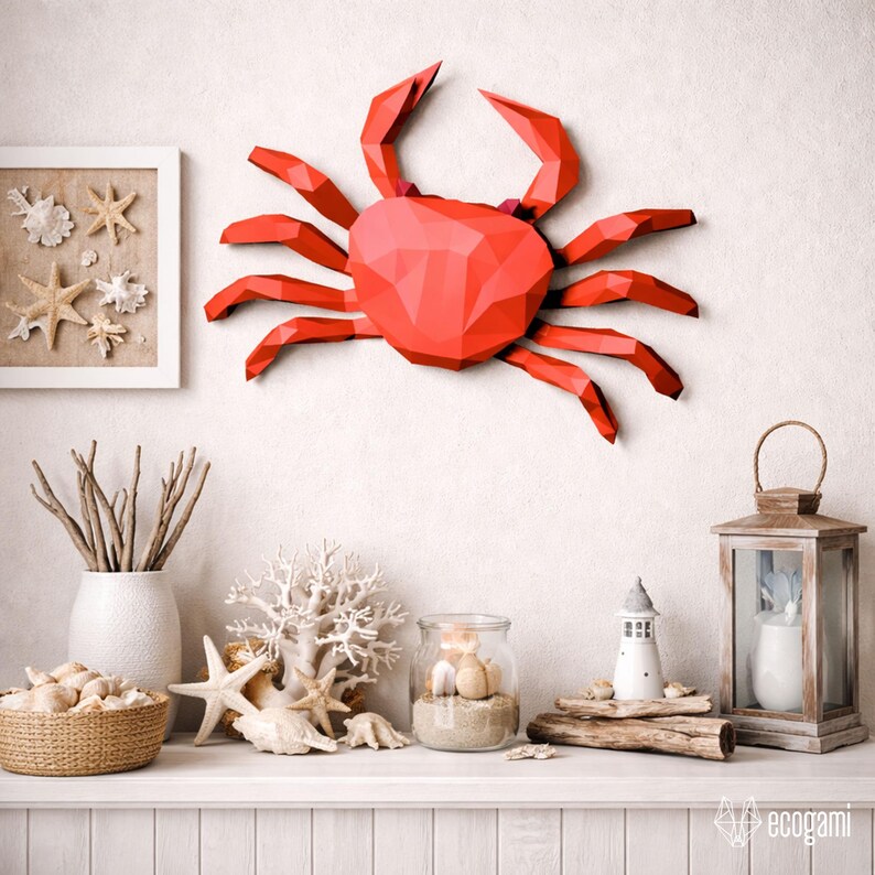 Crab papercraft PDF, DIY marine wall decor, low poly 3D printable ocean template image 7