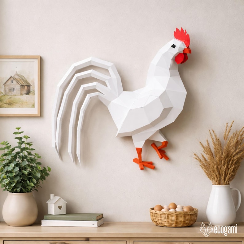 Galo de papel em PDF, decoração de parede de pássaro faça você mesmo, modelo de escultura 3D de baixa poligonagem para impressão. imagem 1