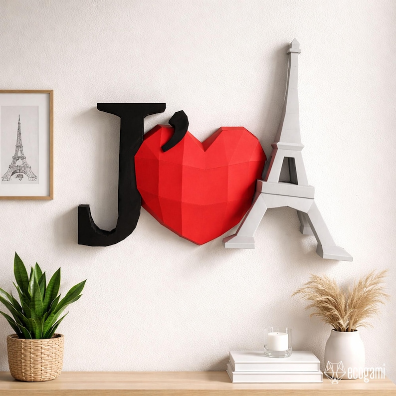 Love Paris wall sign papercraft PDF, DIY home decor, low poly 3D printable template image 1