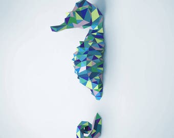 Seahorse papercraft sculpture, printable 3D puzzle, papercraft Pdf template to make your marine life decor