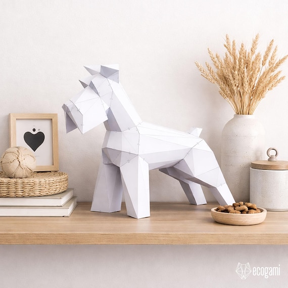 Schnauzer papercraft kit 3D, sculpture schnauzer papier DIY, figurine chien low poly décoration