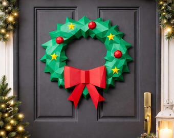 Christmas wreath papercraft PDF, DIY wall decor, low poly 3D printable Christmas Template