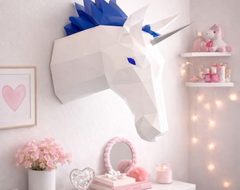 Unicorn papercraft PDF, DIY animal head wall trophy, low poly 3D printable Template