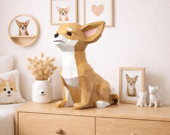 Chihuahua papercraft PDF, DIY 3D paper sculpture, low poly printable dog template