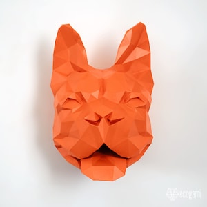 Bulldog francés escultura papercraft, rompecabezas 3D imprimible, plantilla PDF papercraft para hacer tu bulldog francés decoración de pared