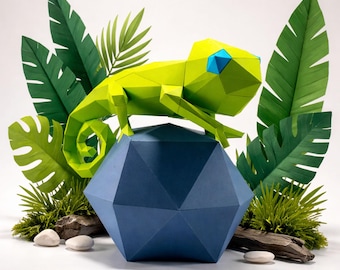 Chameleon papercraft PDF, DIY 3D paper sculpture, low poly printable animal  template